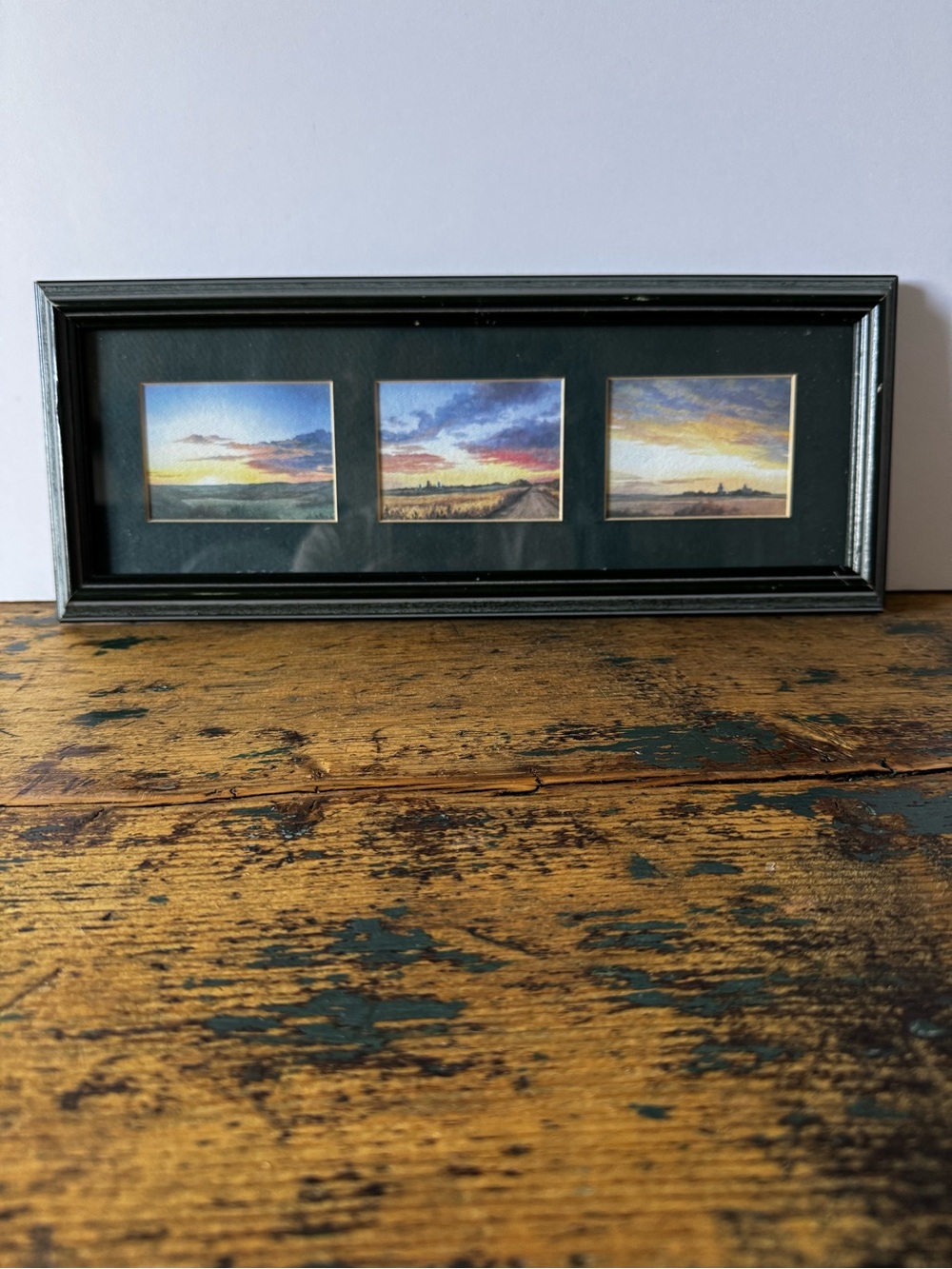 Framed Triptych Landscape Print - Green Frame, Multicolor Art